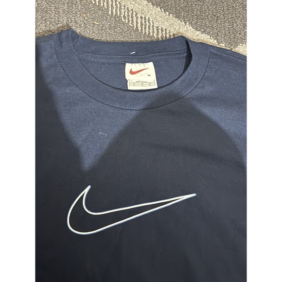 Vintage 90s Nike Big Logo Center Swoosh T Shirt Mens XL Dark Blue Made In USA - Picture 3 of 4